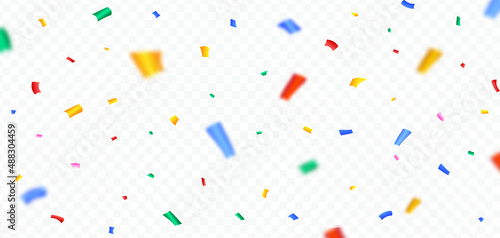 Multicolor confetti falling on a transparent background. Festival and party elements vector. Colorful confetti and tinsel explosion for carnival or birthday celebration background.