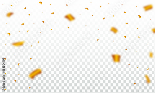 Golden confetti falls on a transparent background. Festival and party element confetti illustration. Golden party tinsel frame for a carnival background. Birthday celebration elements.