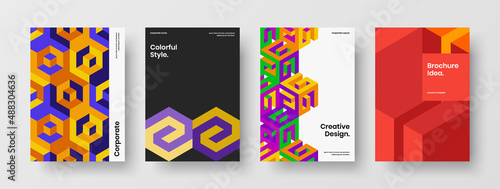 Fresh annual report design vector illustration bundle. Clean mosaic hexagons flyer layout set.