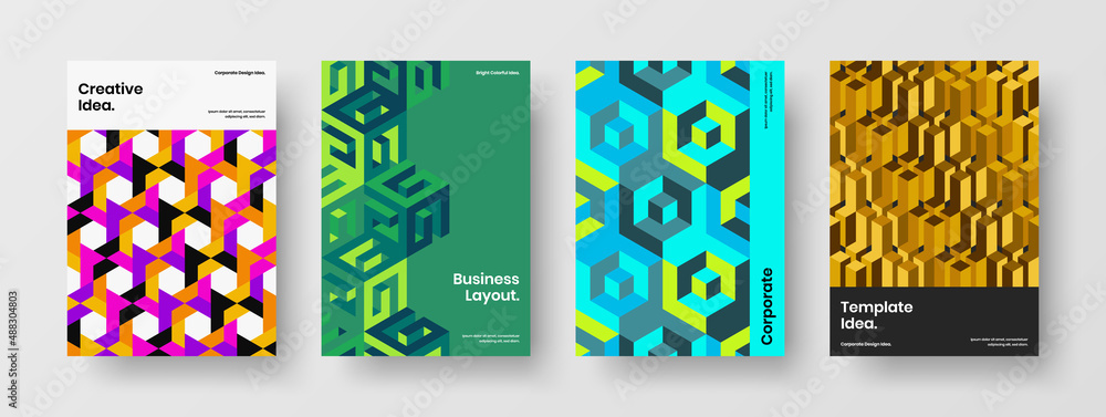 Fototapeta premium Modern mosaic pattern magazine cover concept set. Clean banner A4 vector design layout collection.