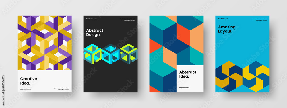 Vivid corporate cover design vector concept set. Fresh mosaic tiles front page illustration bundle.