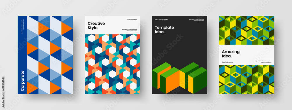 Multicolored postcard vector design concept set. Premium mosaic shapes cover layout bundle.