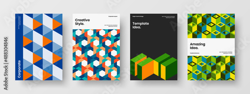 Multicolored postcard vector design concept set. Premium mosaic shapes cover layout bundle.