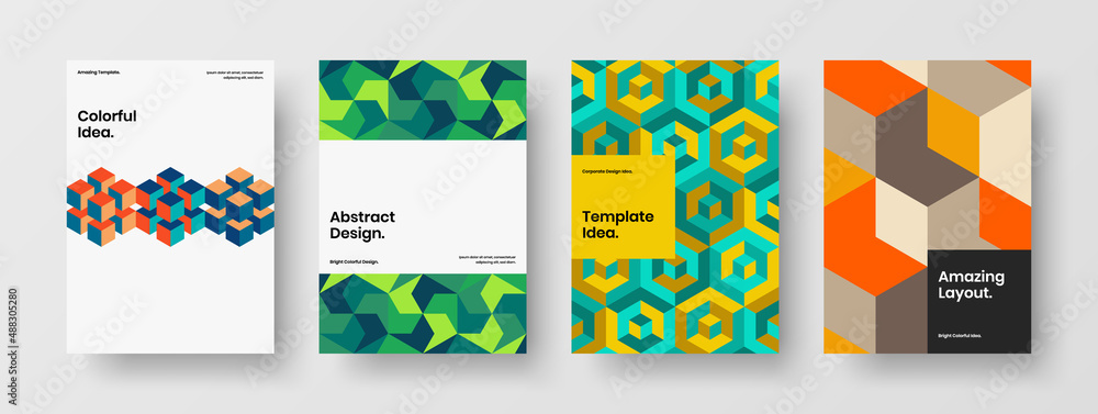 Premium placard A4 design vector layout set. Amazing mosaic hexagons brochure illustration bundle.