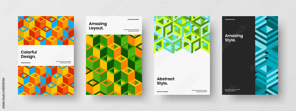 Vivid mosaic tiles flyer template bundle. Trendy pamphlet A4 vector design illustration collection.
