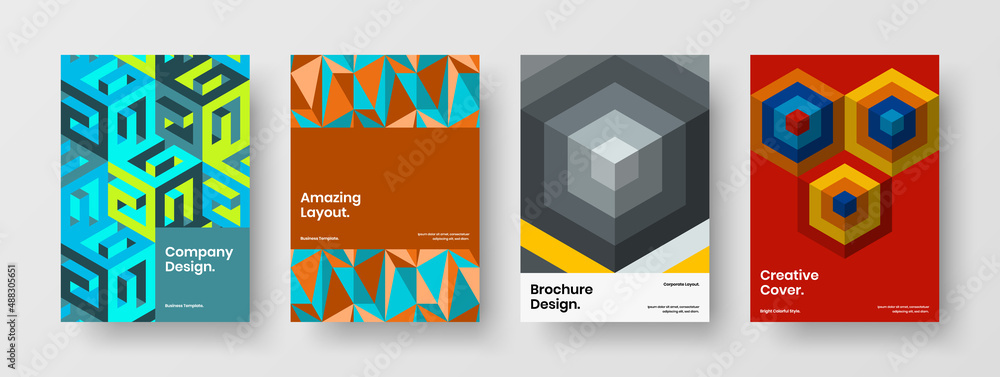 Colorful geometric hexagons pamphlet illustration collection. Minimalistic journal cover A4 vector design concept bundle.