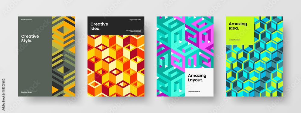 Unique geometric shapes booklet template composition. Original banner design vector concept collection.