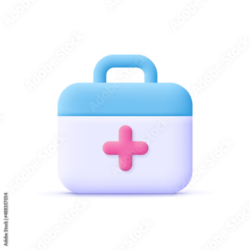 First aid kit, ambulance emergency box, medical help suitcase. Healthcare, emergency concept. 3d vector icon. Cartoon minimal style.