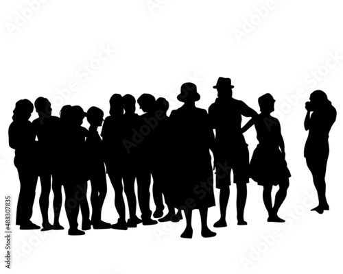 Big crowds people on street. Isolated silhouette on a white background