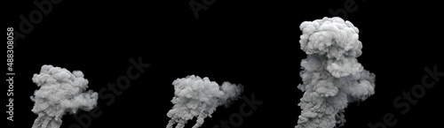 3 white pollute smoke columns from factory on black, isolated - industrial 3D rendering