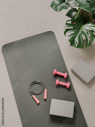 Stylish gray and pink home fitness flat lay. Top view of gray sport mat, yoga block, skipping rope and pink dumbbells on neutral carpet background, monstera plant. Set for pilates, fitness, yoga
