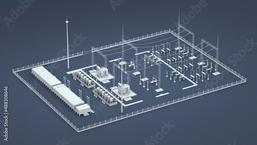 Scheme of an electrical substation. Isometric plan. View from above. Infographic design template. 3d render photo