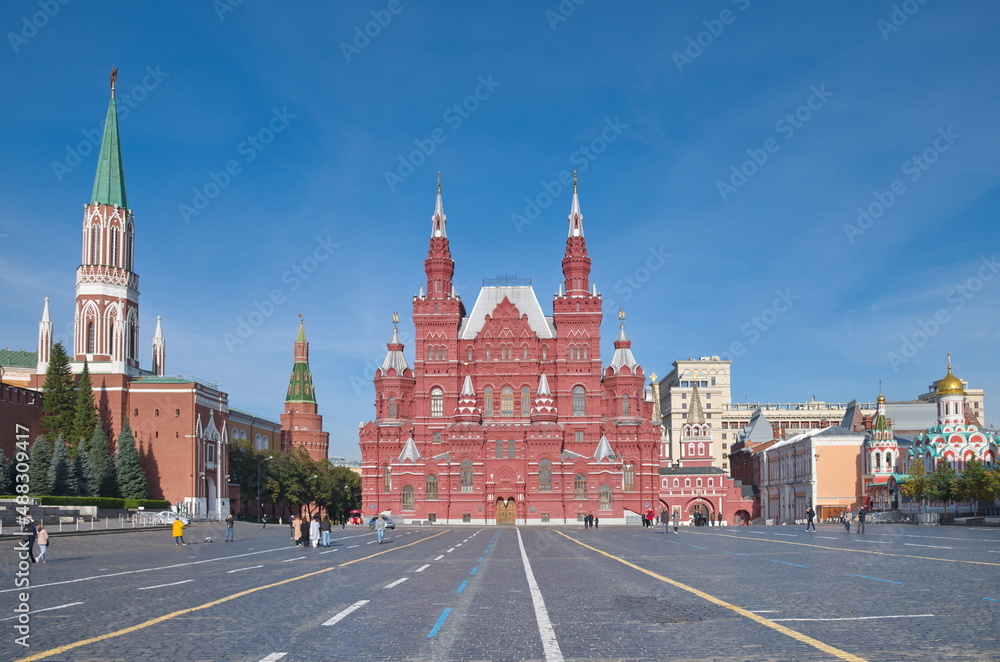 Moscow, Russia - September 29, 2021: Historical Museum on Red Square on an autumn sunny day