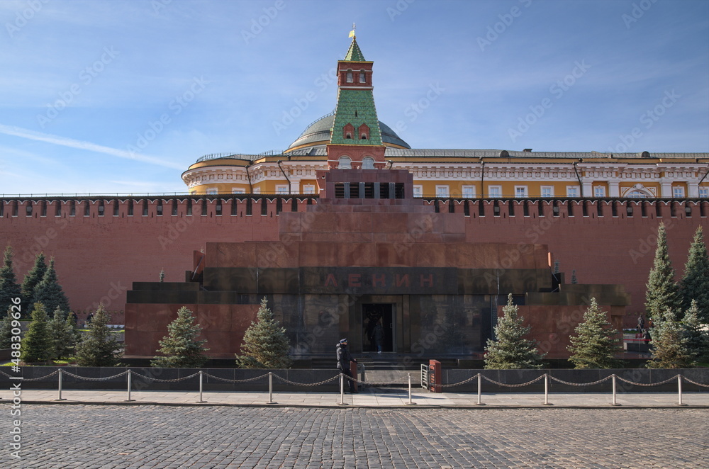 Moscow, Russia - September 29, 2021: Lenin's Mausoleum on Red Square on an autumn sunny day