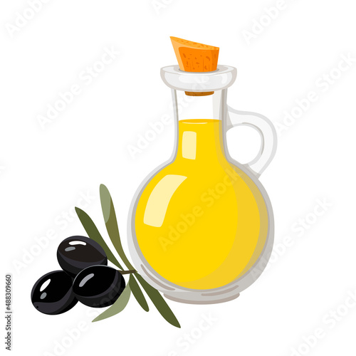 Glass bottle with olive oil and olive branch. Vector illustration on white background.