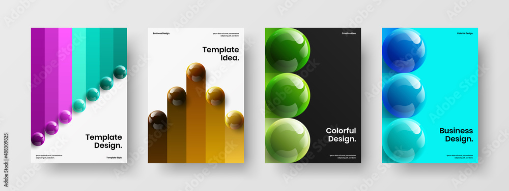 Colorful 3D spheres leaflet template composition. Fresh presentation A4 vector design layout set.