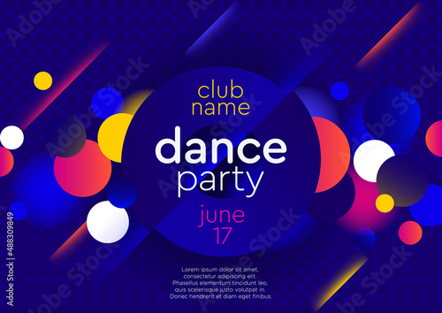 Horizontal bright blue dance party background with color graphic elements and text. Vector illustration.