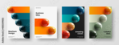 Simple journal cover design vector concept set. Unique 3D balls corporate brochure layout bundle.