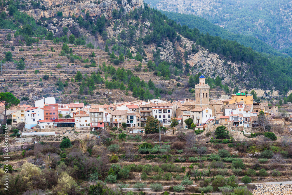 Panoramic view of Puebla de Arenoso. Village in Castellón province, Comunidad Valenciana, Spain