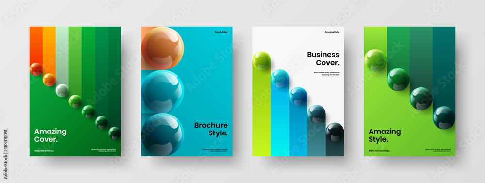 Geometric realistic spheres company brochure illustration composition. Isolated front page A4 design vector template collection.