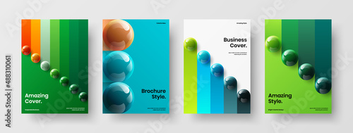 Geometric realistic spheres company brochure illustration composition. Isolated front page A4 design vector template collection.