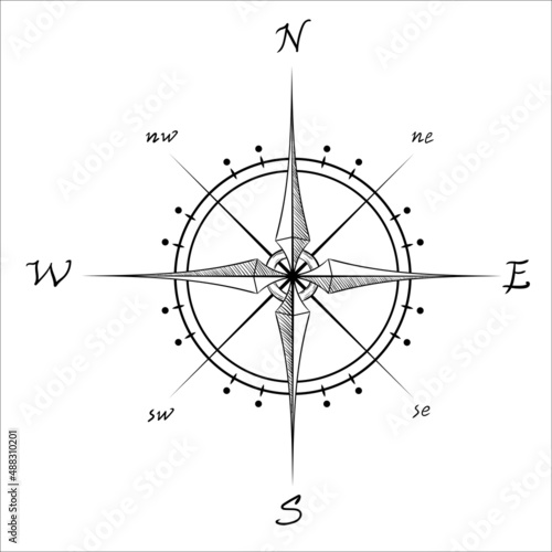 Wind rose vector illustration for tattoo, print, etc. Isolated sketch drawing in black-and-white