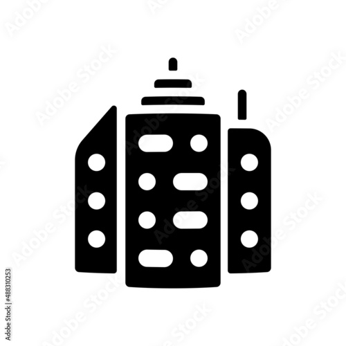 Simple icon of building, city or town, bank or office. Black icon on white background