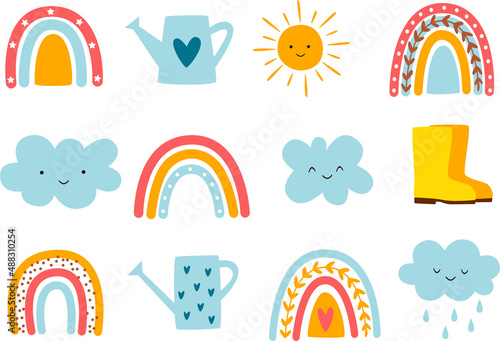 Set of weather cartoon design elements. Watering can, rubber boots, rainbows, sun, and clouds. Vector illustration.