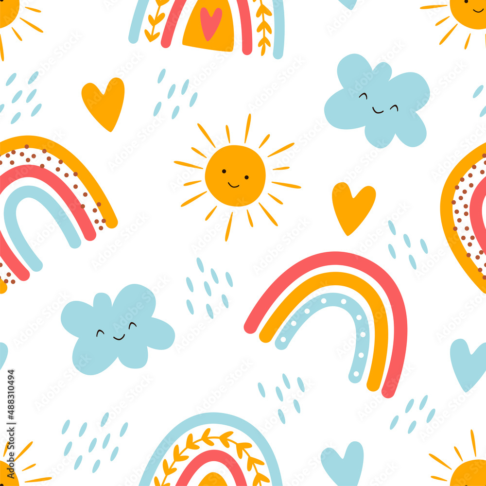 Children seamless pattern with rainbows, sun, and clouds for fabrics, clothing, holidays, packaging paper, decoration. Vector illustration.