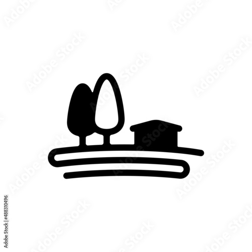 Farm house and field, organic product, simple icon. Black icon on white background