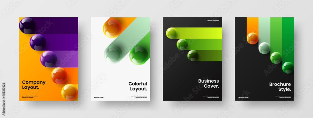 Colorful book cover vector design template bundle. Clean 3D spheres company identity illustration collection.