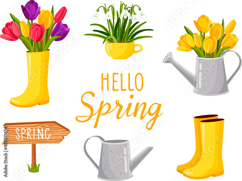 Set of cute spring cartoon design elements. Watering can, rubber boots, tulips, and snowdrops. Vector illustration.