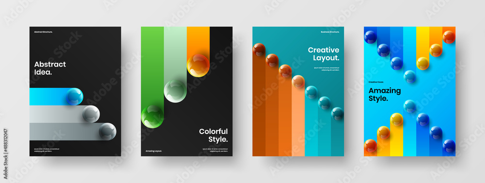 Isolated 3D balls catalog cover layout collection. Abstract placard A4 vector design illustration set.