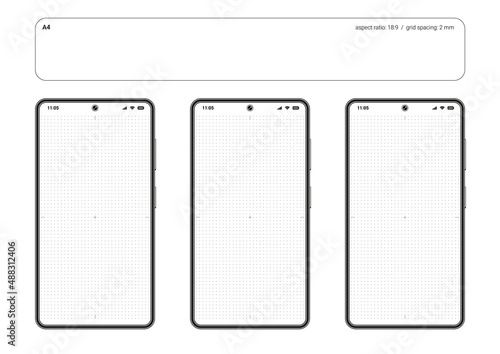 A4 vector template for developing of mobile UX design. Black outline frames of generic phone. 18:9 aspect ratio. Dotted paper mockup with 2 mm grid spacing. Set of layouts for drawing of UI prototypes