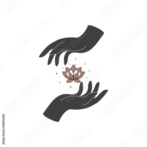 Magic hand with lotus flower in trendy boho style. Black and gold colored alchemy symbol for branding or logo and emblem. Esoteric and mystical design elements. Celestial Vector illustration