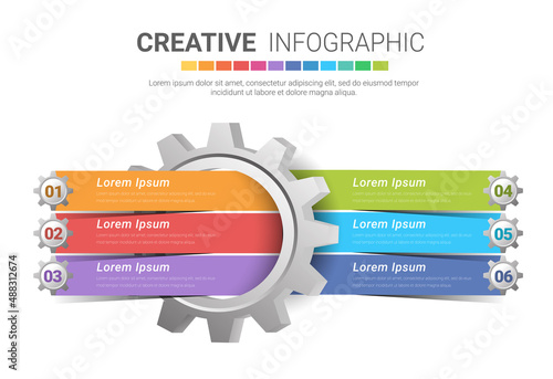 Infographic, Engineering tech progress business presentation 6 steps. Cogwheel connection banner, gear infographic illustration.