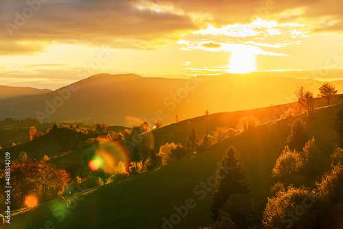 Grassy slopes with lush trees against mountains at sunset