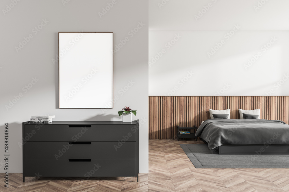 Bright bedroom interior with empty white poster, bed, closet, bedside Bright bedroom interior with empty white poster, bed, closet, bedside