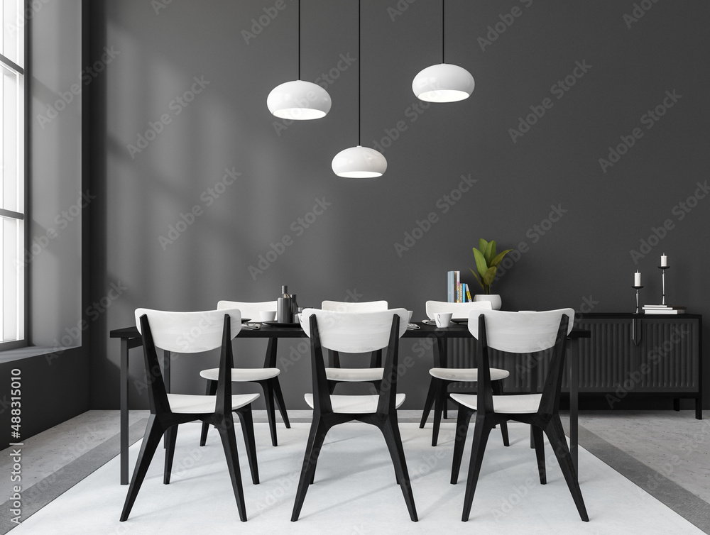 Grey dining interior with seats, drawer and table near window Grey dining interior with seats, drawer and table near window