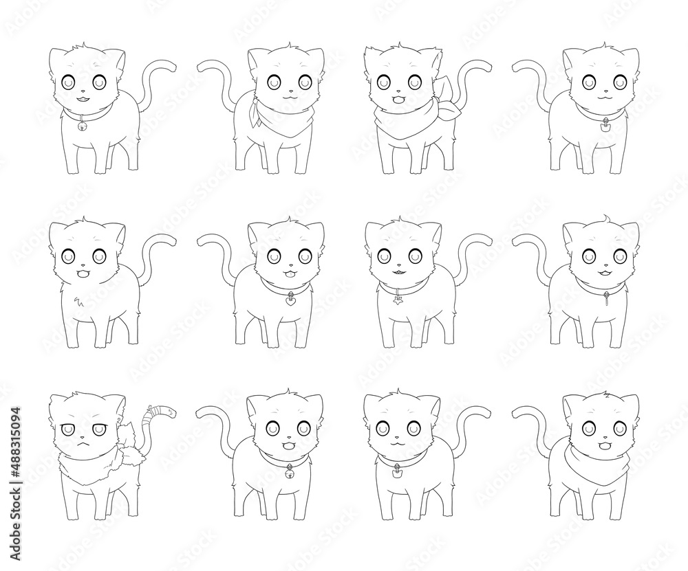 Cute anime cats set line art on white background for coloring
