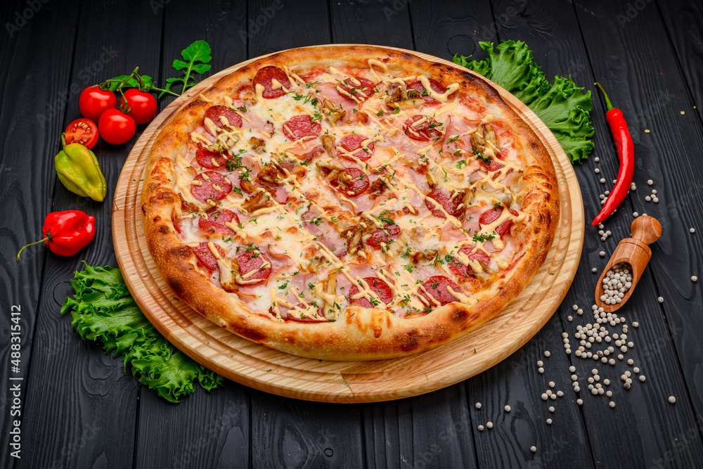 Delicious and fresh pepperoni pizza with vegetables