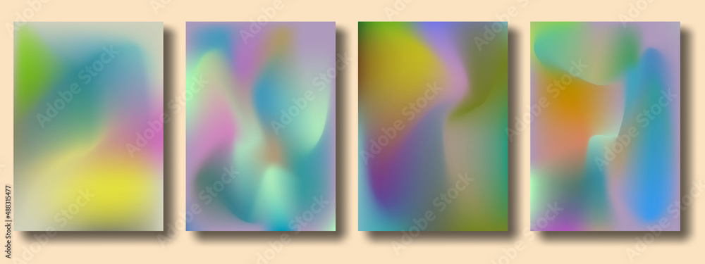Abstract 4 shapes fluid mesh gradient color background set. Modern vector template for brochures, pamphlets, covers, catalogs, posters, Colored fluid graphic compositions.