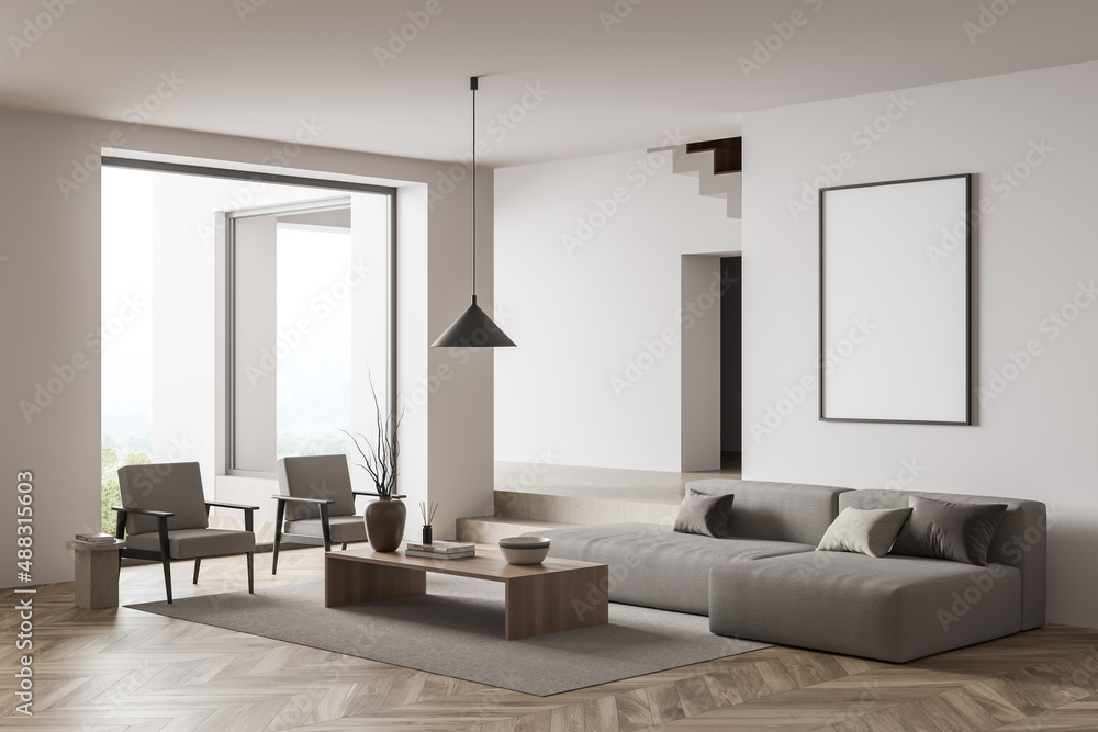 Fototapeta premium Bright living room interior with empty white poster, stairs, arch