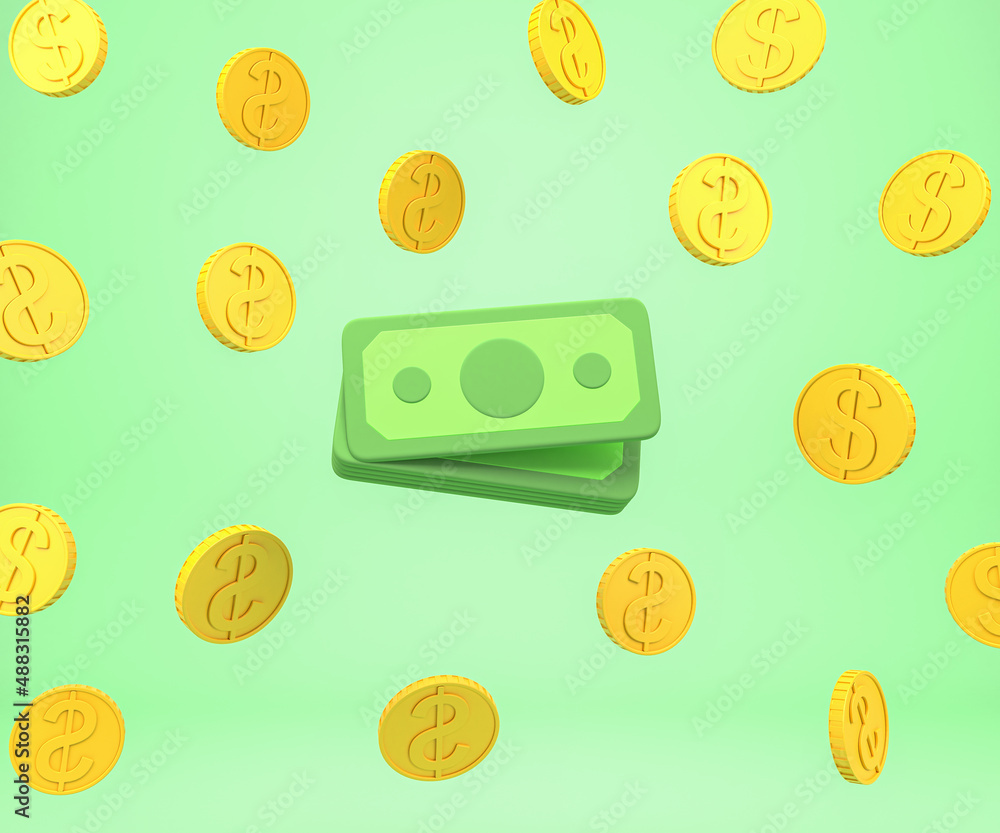 Dollar banknote with coin floating on bright background Dollar banknote with coin floating on bright background