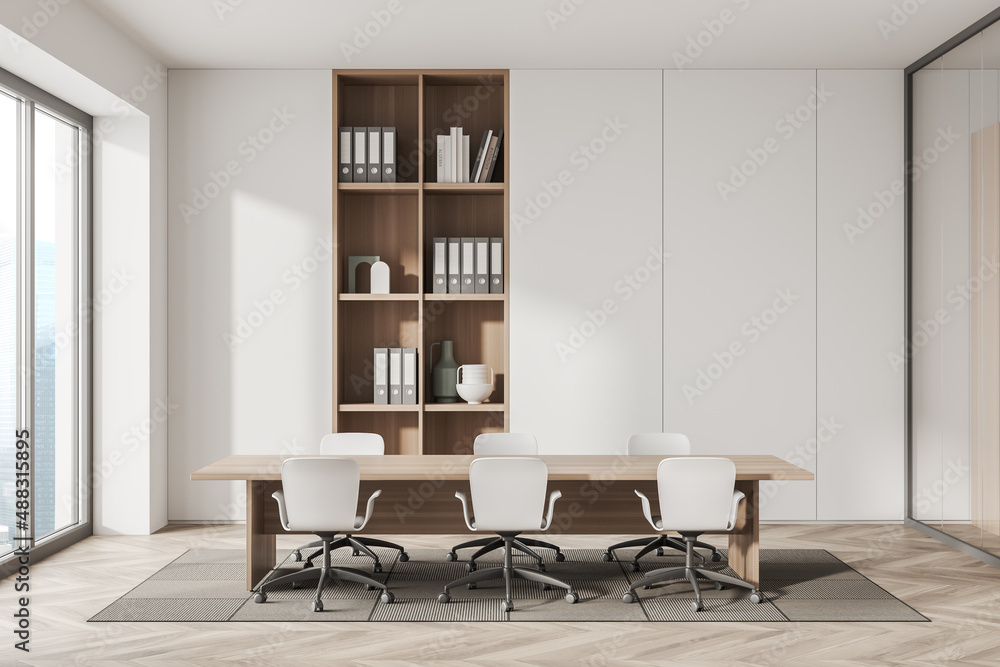 Fototapeta premium Front view on bright office room interior with meeting board, desk, chairs, panoramic window, glass partition and hardwood floor. Concept of place for working process. 3d rendering