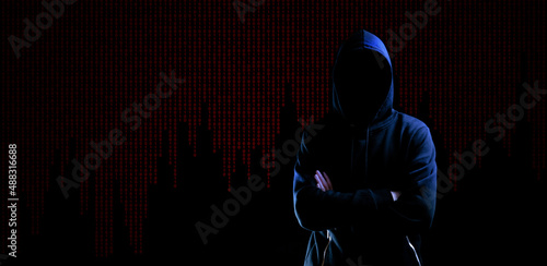 Hacker security cyber attack. Hacker man hand isolated on black. Blurred internet web hack technology with flare ray flash effect. Login and password, cybersecurity banner concept.