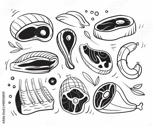 Sausages and meat products graphic illustration. Vector art.