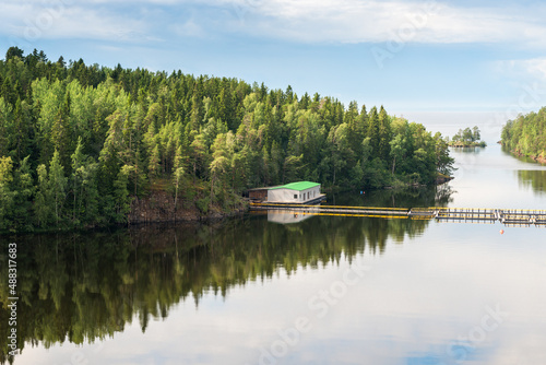 Beautiful forest lake in Russia. Panoramic view of beautiful lake landscape