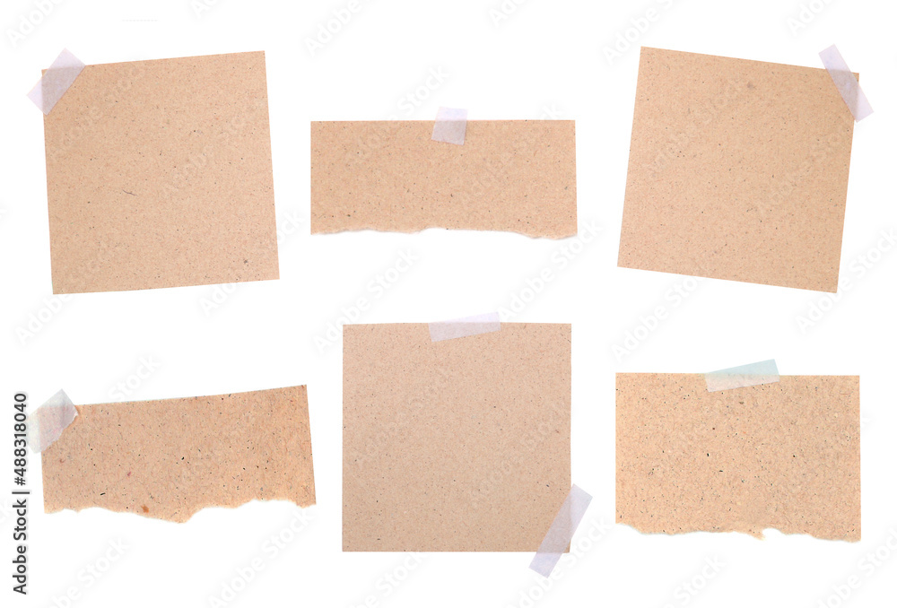 Set of kraft paper notes with sticky tape. Torn and square paper sheets. Mockup for design. Blank templates. Set of kraft paper notes with sticky tape. Torn and square paper sheets. Mockup for design. Blank templates.