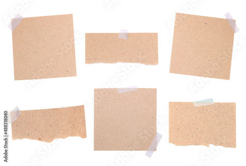 Set of kraft paper notes with sticky tape. Torn and square paper sheets. Mockup for design. Blank templates. 